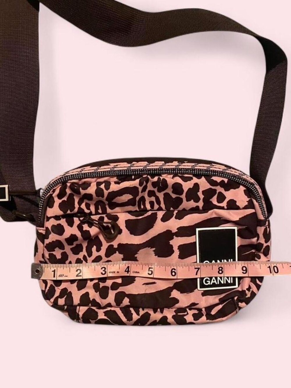 GANNI Pink Leopard Print Crossbody Bag | Adjustable Strap | Y2K Scandi Designer